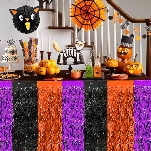 Halloween Party Decorations 2-Pack Metallic Tinsel Foil Fringe Table Skirts - Orange Purple Black Variation