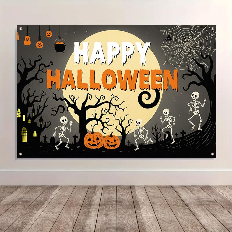 Halloween Banner 71x43 Inch Fabric Backdrop with Skeletons Pumpkins Haunted House MulticolorB76