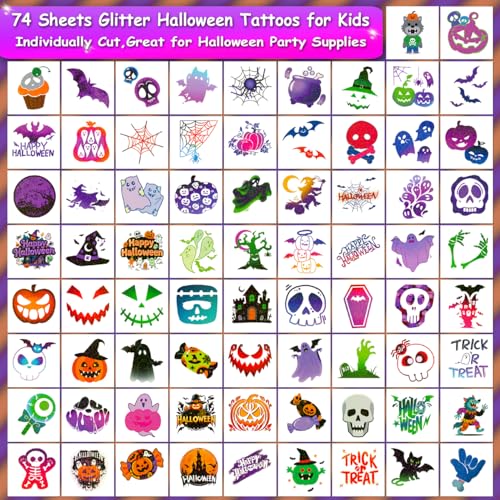 Kids Halloween Glitter Temporary Tattoos Set - 74 Spooky Designs, Waterproof & Glittery
