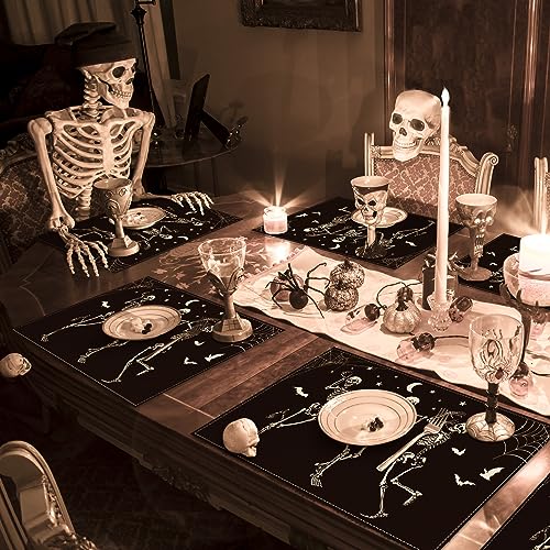 Halloween Dancing Skeletons Placemat Set - Black & White Table Mats, Heat Resistant & Non-Slip, 12x18 Inches