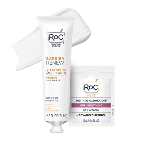 RoC Barrier Renew Day Cream with SPF 30, Moisturizer with Ceramides & Prebiotics to Protect Skin Barrier, (2.5 oz) with Retinol Eye Cream Packette