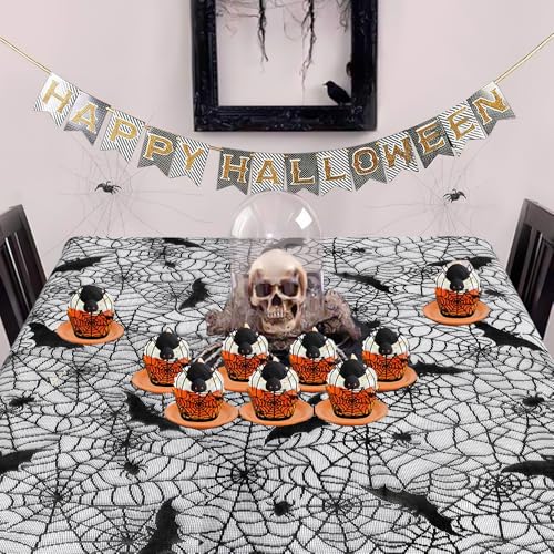 Halloween Black Lace Tablecloth 70x52 Inch Rectangular Spiderweb Bat Decor