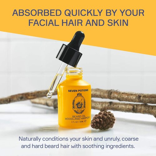 SEVEN POTIONS Natural Beard Oil for Men 1 FL OZ / 30ml — Sweet & Woody Beard Softener & Conditioner — Vegan Conditioning Oil That Helps Prevent Itch & Dandruff (Woodland Harmony)