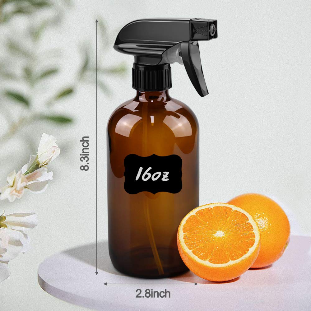 Worldgsb 16oz Amber Glass Spray Bottles - Reusable Containers with Labels & Adjustable Nozzle for Cleaning, BBQ, Food, Plants, Alcohol, Essential Oils