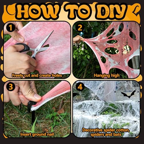 236x39 Inch Bloody Halloween Spider Web Netting - 680 Sq Ft Outdoor Decoration with Spiders & Bats