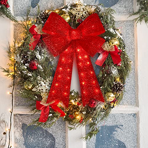 24 Inch 40LED Glitter Red Christmas Wreath Bow with Lights - Indoor Outdoor Holiday Decor