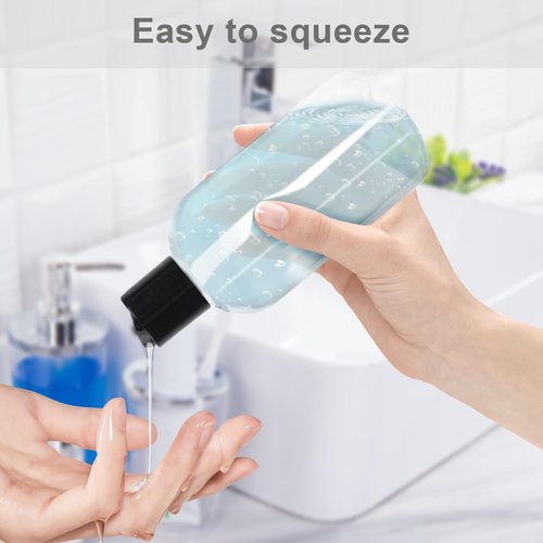 Neendohome 6 Pack 8 oz Empty Plastic Bottles with Black Disc Caps Reusable Clear Leak-Proof Travel Squeeze Containers for Shampoo Conditioner Toiletries Liquid Soap
