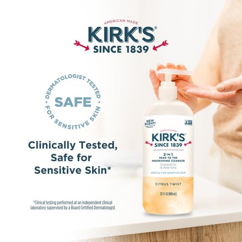 Kirk's 3-in-1 Head to Toe Nourishing Liquid Cleanser- for Men, Women & Children - Premium Coconut Oil & Aloe Vera- Non GMO & Vegan - Citrus Twist - 32 Fl Oz.