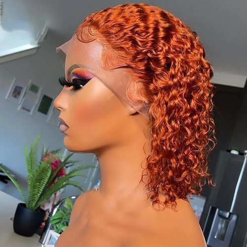 GOLFMAX 8 Inch Curly Bob Wig Ginger Lace Front Wigs Human Hair Short Bob Wig Human Hair Water Wave 13x4 Transparent Lace Front Wigs Pre Plucked