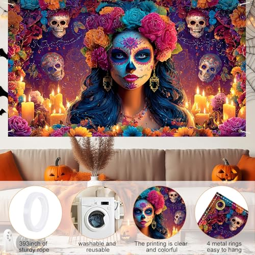 Halloween Banner 71x43 Inch Day of the Dead Sugar Skulls Backdrop - Variation 82