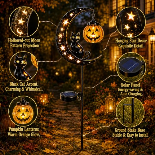 Solar Halloween Black Cat & Pumpkin Garden Stake Light Outdoor Decor