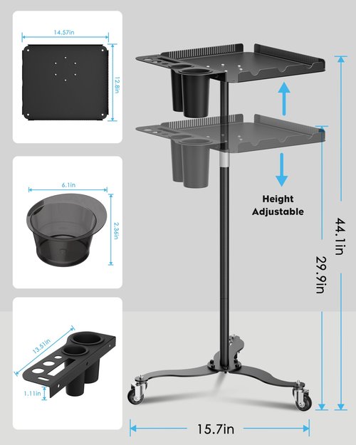 Salon Tray on Wheels,Metal Tray Rolling Cart with 2 Magnetic Bowls,Tattoo Tray, Salon Station with Hairstylist Holder and Hair Separator Stand,Multi-Function Adjustable with Wheels
