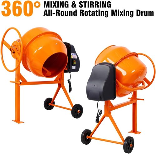 Skiennix Electric Cement Mixer - 5.0 Cu. Ft Heavy Duty 650W Portable Concrete Mixer with Wheels & Stand - Adjustable Tilt, Orange