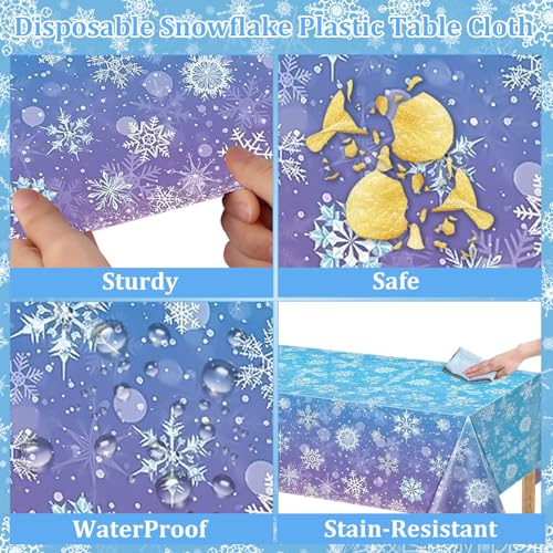 Snowflake Winter Tablecloth 3 Pack for Holiday Party Decorations - Blue & Purple Disposable Plastic Cover - Christmas & Winter Events