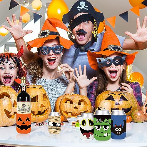 Halloween Can Sleeves Set with Cute Pumpkin Bat Ghost Cat Designs - Reusable Insulated Beverage Covers