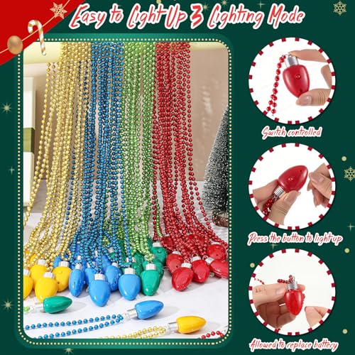 Christmas Light Up Necklaces Bulk Set - 24 LED Bulb Jewelry in Red Green Blue Gold - Party Favors & Decorations