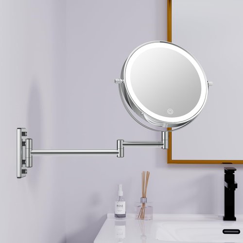 LANSI 1X/20X Wall Mounted Makeup Mirror with Lights, 8" Double Sided Bathroom Magnifying Mirror with 360° Extension Arm, Dimmable, Rechargeable, Touch Control, Chrome