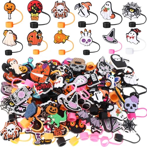 Halloween Straw Toppers Bulk Set - 72 Pcs for 30/40oz Tumblers - Spooky Designs