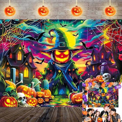 Halloween Pumpkin Photography Backdrop 8x6FT Colorful Spooky Moon Skull Graveyard Scene with Variation 96x72
