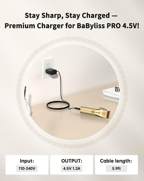 VHBW 4.5V Charger for BaByliss PRO FX870 FX825 Clipper Compatible with FX787 FX788 FX726 Trimmer - 6.5FT Extra Long Power Cord Replacement Part