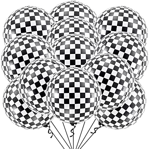 Large Checkered Balloons Pack of 12 - Racing Flag & Blue Foil Balloons for Birthday & Party Decor
