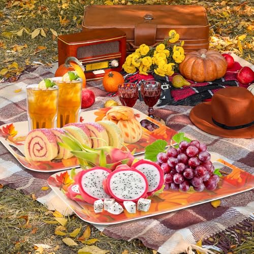 Fall Thanksgiving Serving Trays Set - 2 Large Melamine Pumpkin Leaf Platters with Handles