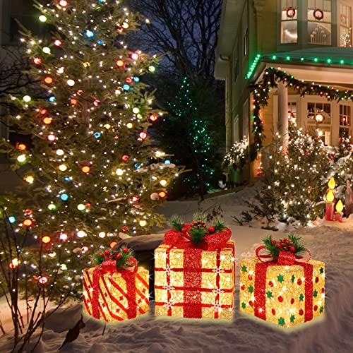 Large 9.5x8x6.5 Inch Lighted Christmas Gift Boxes Set of 3 with 70 LED Flashers