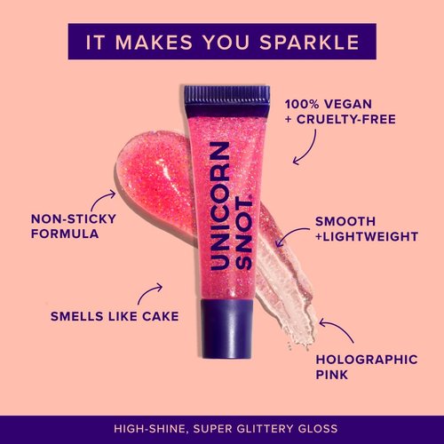 UNICORN SNOT Holographic Glitter Lip Gloss - Sparkly Vegan Formula for Shimmering Lips | 0.37 fl oz (Flamingo Pink)