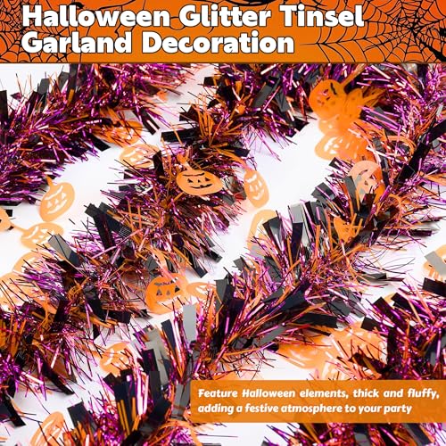 50 FT Halloween Tinsel Garland with Purple & Black Pumpkins - Glitter Decor Streamers