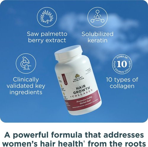 Ancient Nutrition Hair Growth Supplement - Hydrolyzed Collagen Peptides for Thicker, Fuller Hair | 60 Count