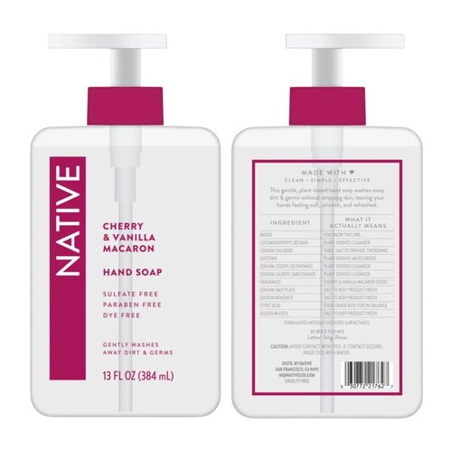 Native Hand Soap Set, Cherry & Vanilla Macaron and Coconut & Vanilla, Sulfate-Free, 13 Fl Oz, 2-Pack