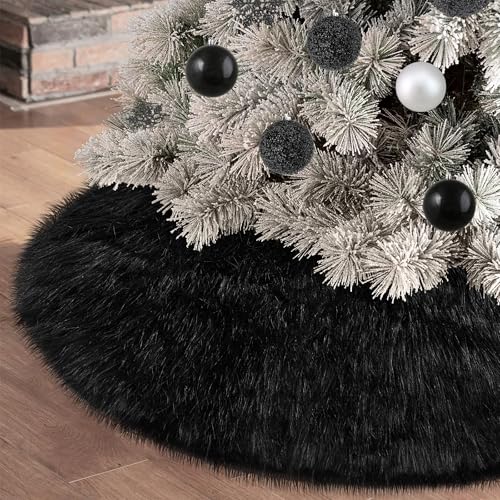 Black Christmas Tree Skirt 48 Inch Fluffy Faux Fur Halloween Holiday Decor
