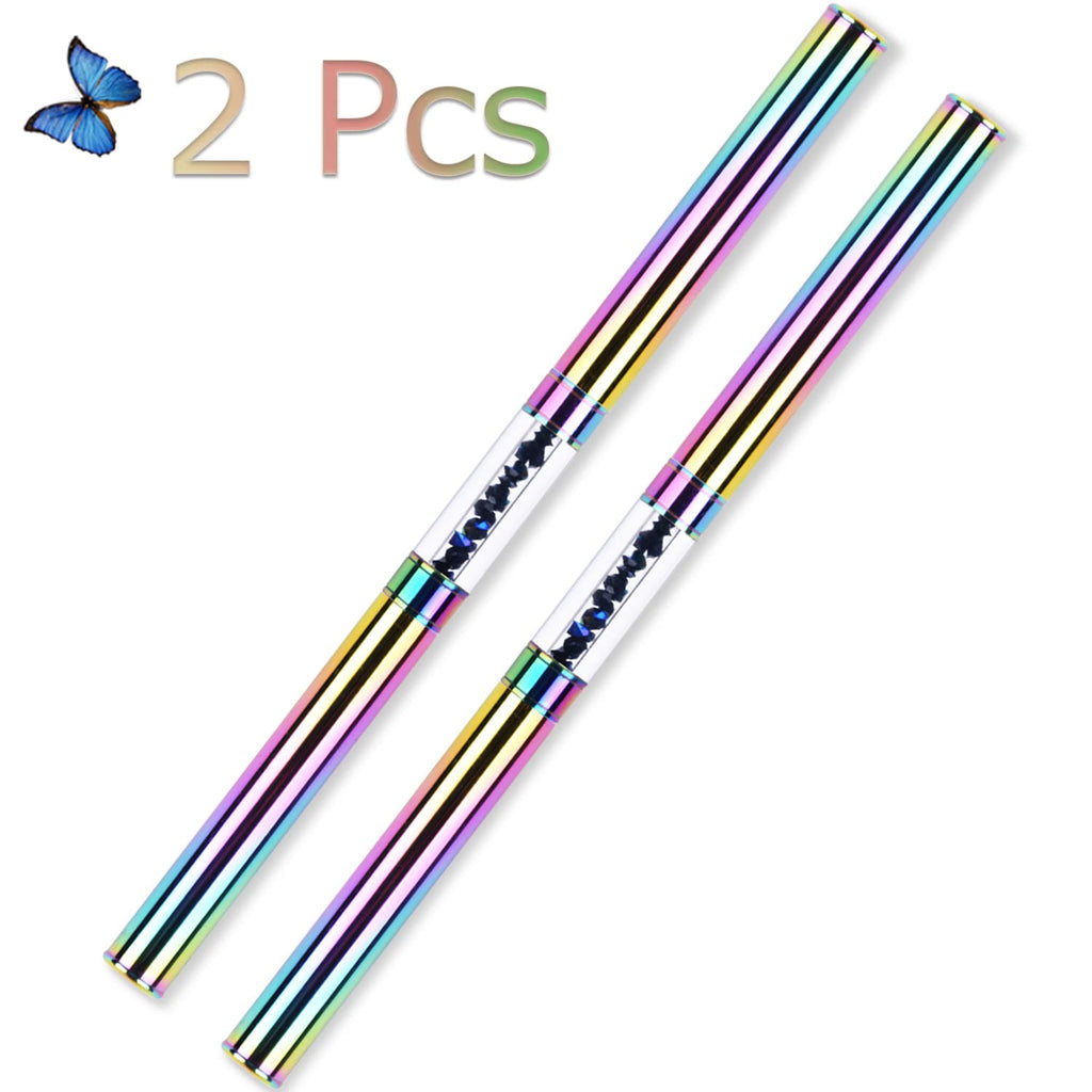 Ycyan 2Pcs Dual-ended UV Builder Gel Nail Brush Set Rhinestone Handle Nail Art Liner Brush Polygel Hard Gel Nail Brushes