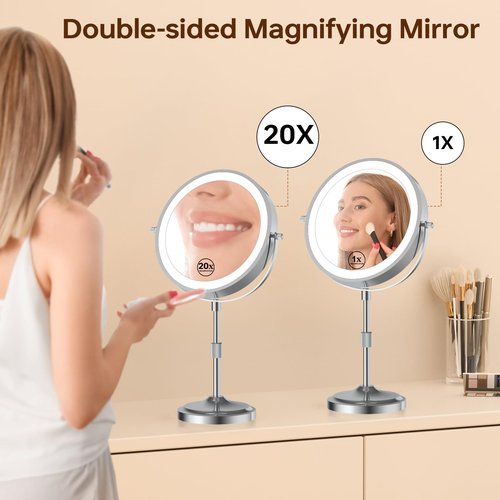 Erlingeryi 9" Magnifying Mirror with Lights 20X, Height Adjustable, Dimmable, Rechargeable, Chrome