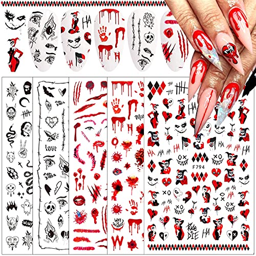 Halloween Nail Decals Set - 5 Sheets Blood, Ghost, Clown, Vampire Designs for Spooky Nail Art