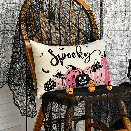Halloween Spooky Pumpkin Throw Pillow Cover - Pink, 12 x 20 Inch Sofa Cushion Case