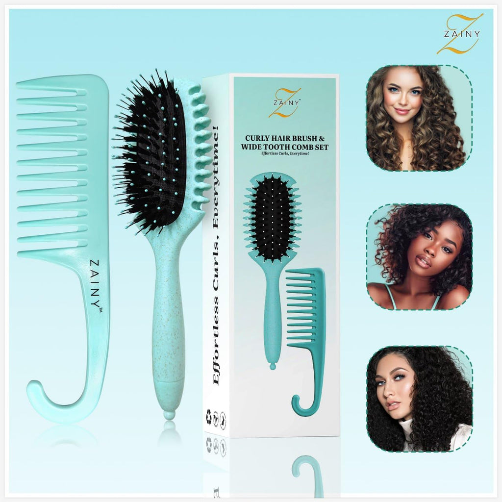 ZAINY Curl Defining Brush Set - 2PC Wide Tooth Comb & Detangler for Curly Hair | Ideal for Women, Kids & Men