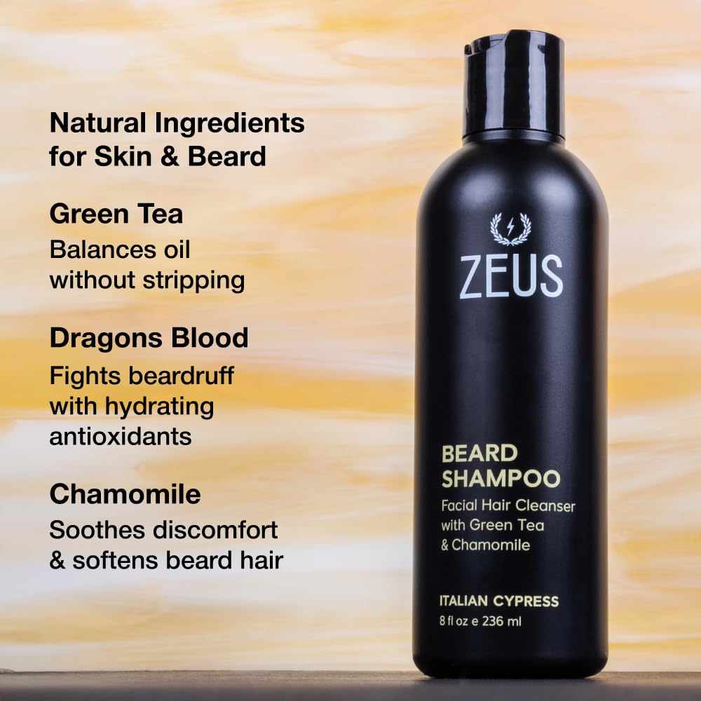 ZEUS Beard Shampoo Wash, Infused with Green Tea & Natural Ingredients to Cleanse and Soften Beard – 8 oz. Made in USA – Sandalwood