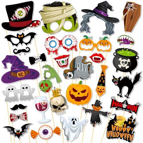 Multi-Coloured Halloween Photo Booth Props Set - 30 Pieces Party Decorations