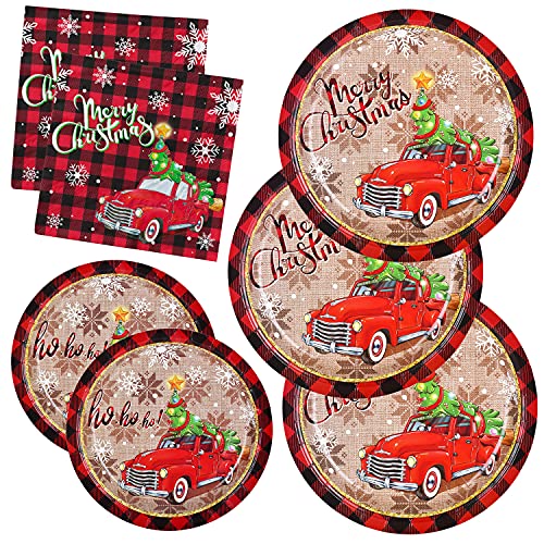 Christmas Disposable Paper Plates and Napkins Set - Pickup Truck & Tree Design - Serves 50