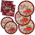 Christmas Disposable Paper Plates and Napkins Set - Pickup Truck & Tree Design - Serves 50