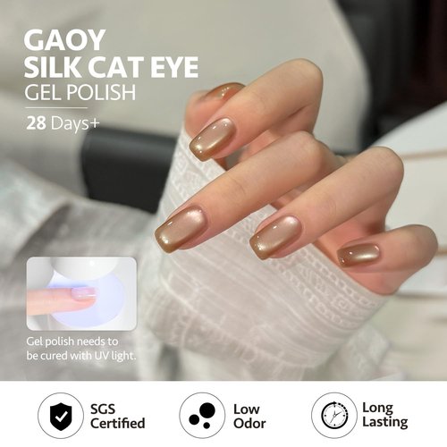 GAOY Brown Glitter Cat Eye Gel Polish Kit with Magnet, 6 Colors Silver Holographic Nail Polish Set, UV Cure Gel for DIY Manicure at Home