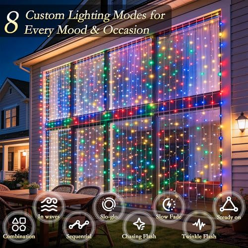 Multicolor LED Curtain String Lights Indoor Waterproof 300LED with Timer & 8 Modes