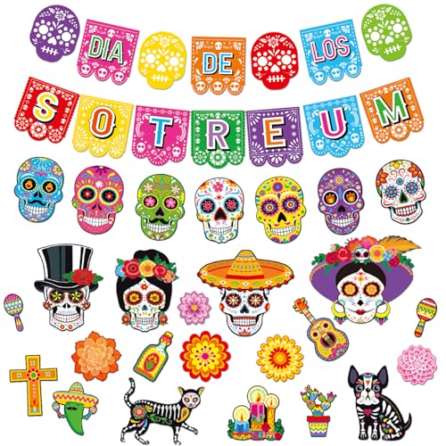 Day of the Dead Decorations Set with Sugar Skulls & Banner for Mexican Celebrations