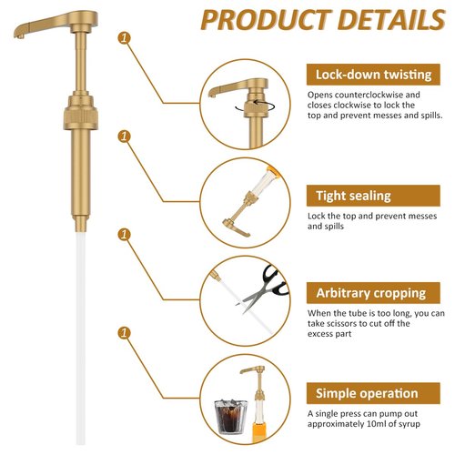 BXUYAOXMC 8Pcs Coffee Syrup Pump for Torani & Skinny Syrup Bottles, 750ml Reusable Pump Dispenser, No Drip Leak Proof Syrup Pump with 2 Spoons & Brush, Gold Replacement for Coffee Bar, Tea, Soda