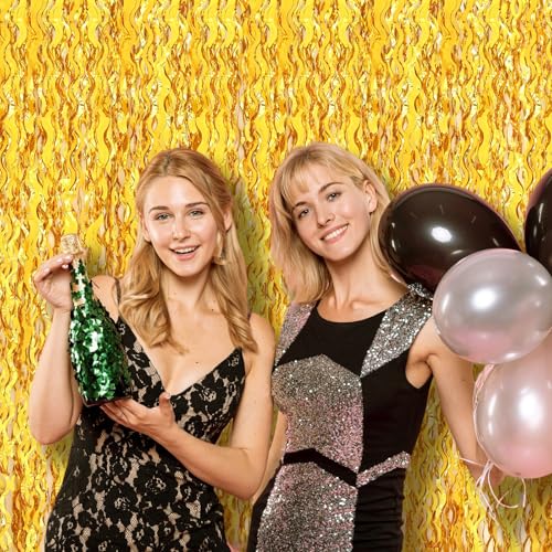 Gold Foil Fringe Curtain - 2 Pack 3.2x6.5ft Wavy Party Backdrop Decorations