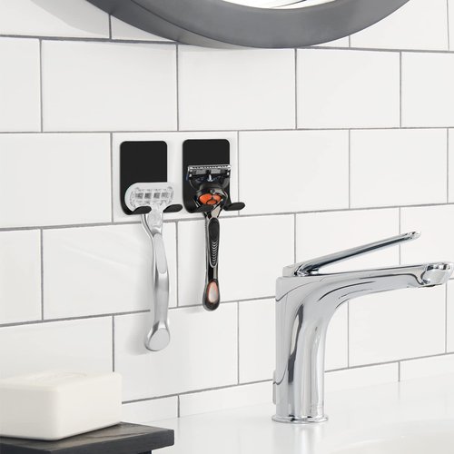 Linkidea 2 Packs Wall Mount Razor Holder for Shower, Stainless Steel Self Adhesive Shaver Hooks, Sticky Hanger Compatible with Venus Platinum, Fusion 5 Proshield, Mach 3 Classic (Black)