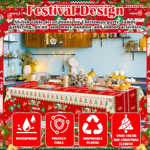 Ugly Sweater Style Christmas Tablecloths 54x108 Inches - Red 3 Pack