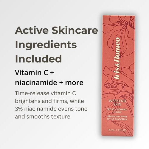 IRIS&ROMEO Weekend Skin SPF 50 - Mineral Sunscreen with Vitamin C & Niacinamide for a Dewy Glow, 1.18 fl oz
