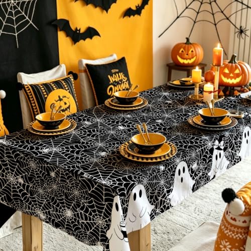 Black Halloween Tablecloth 60x120 Inch Spooky Ghost Spider Web Durable & Washable